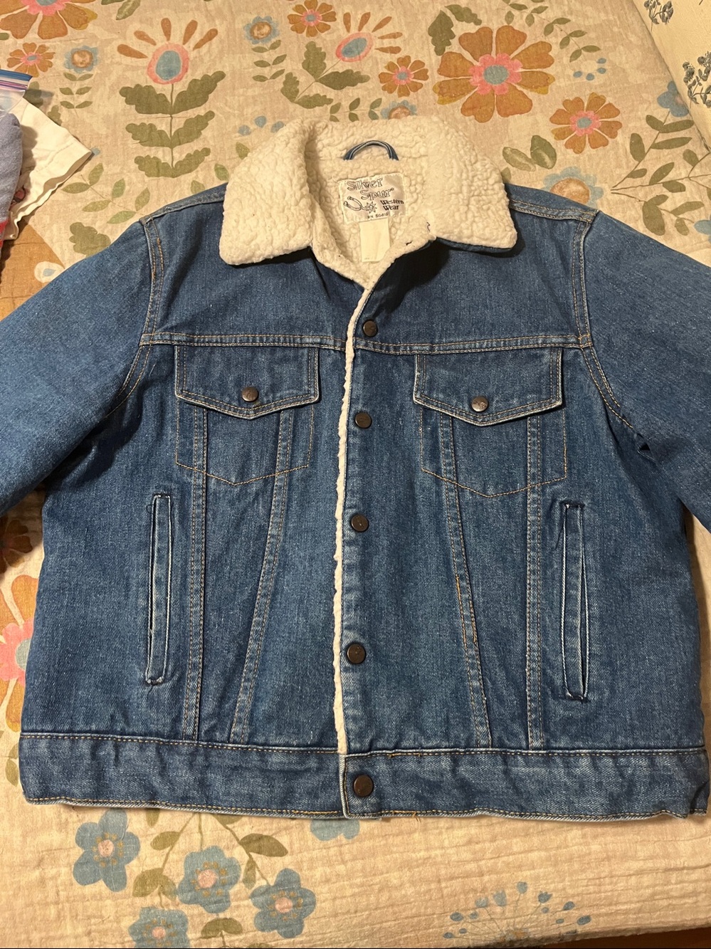 Silver Spurs Blue Denim Jacket with Cream Sherpa Lining Very Vintage - Picture 2 of 8